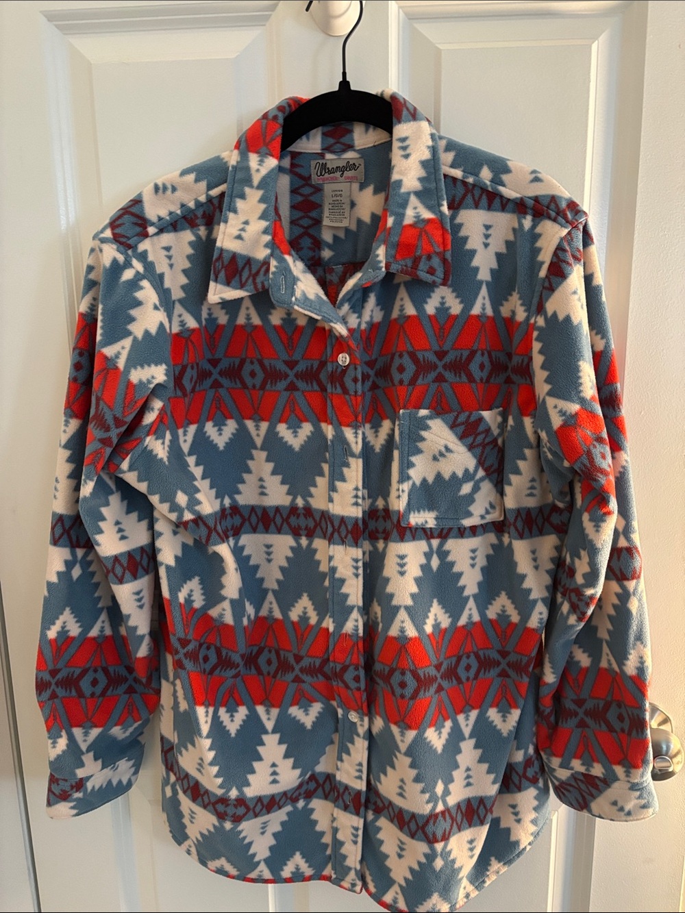 Wrangler Aztec-Pattern Teddy Jacket in Blue, Red & White